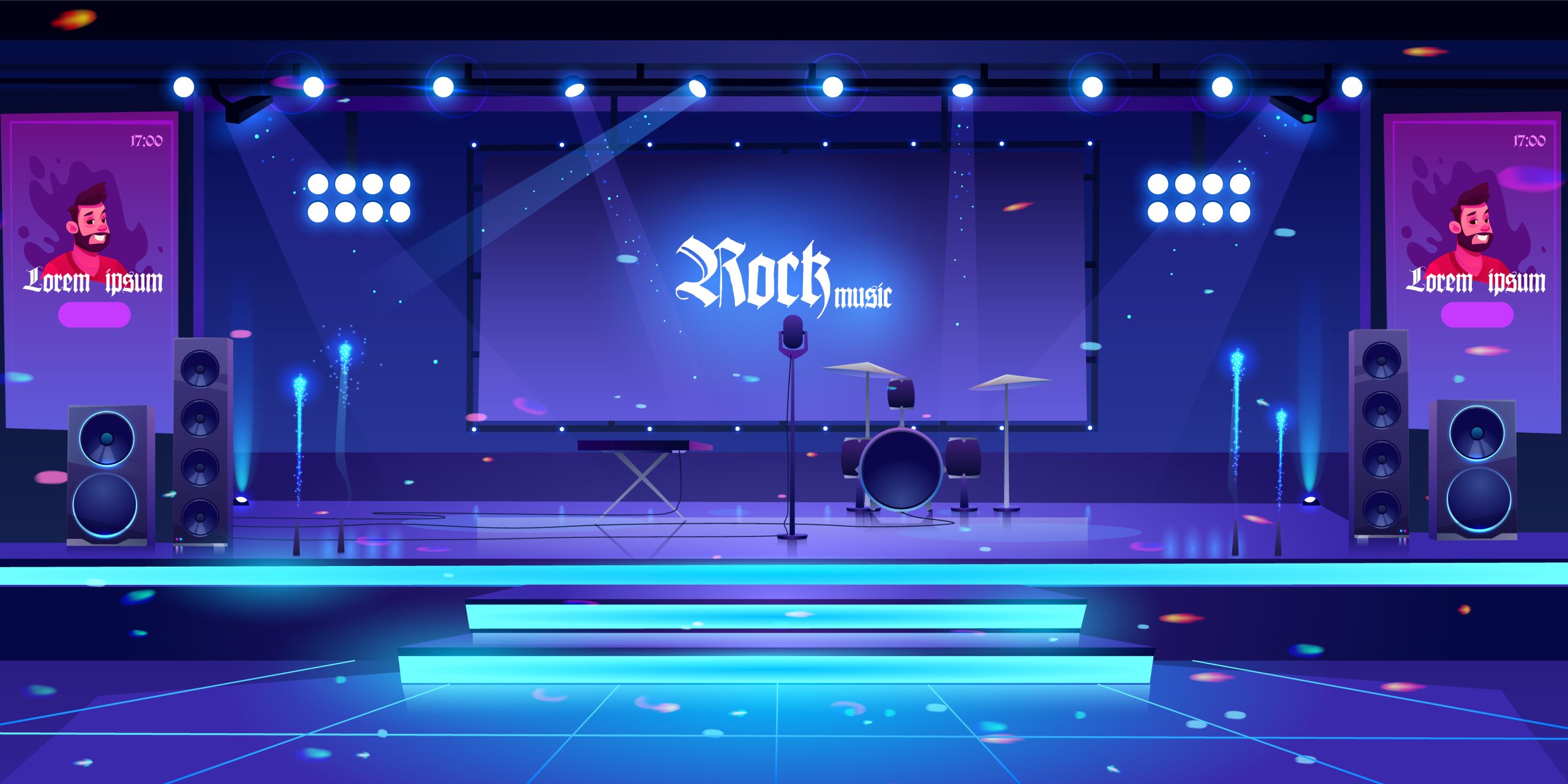 Stage with rock music instruments and equipment